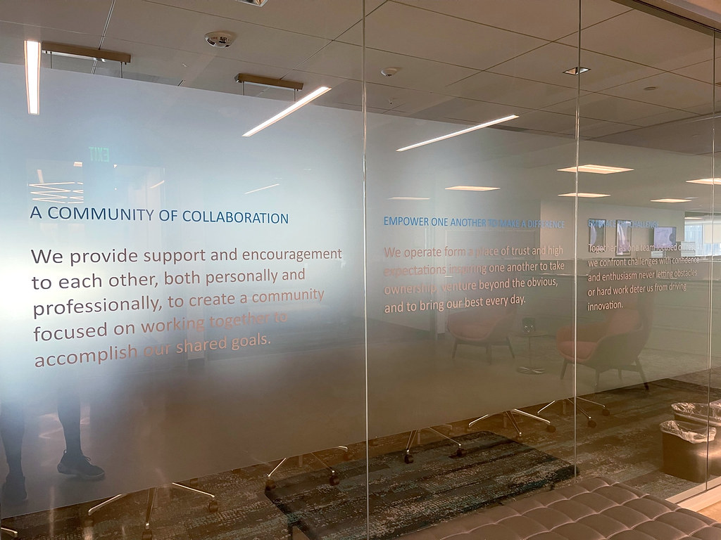 CORE VALUES wording design to fit on frosted privacy glass 47.5 h x 45" w Vinyl graphics 2 color layout
