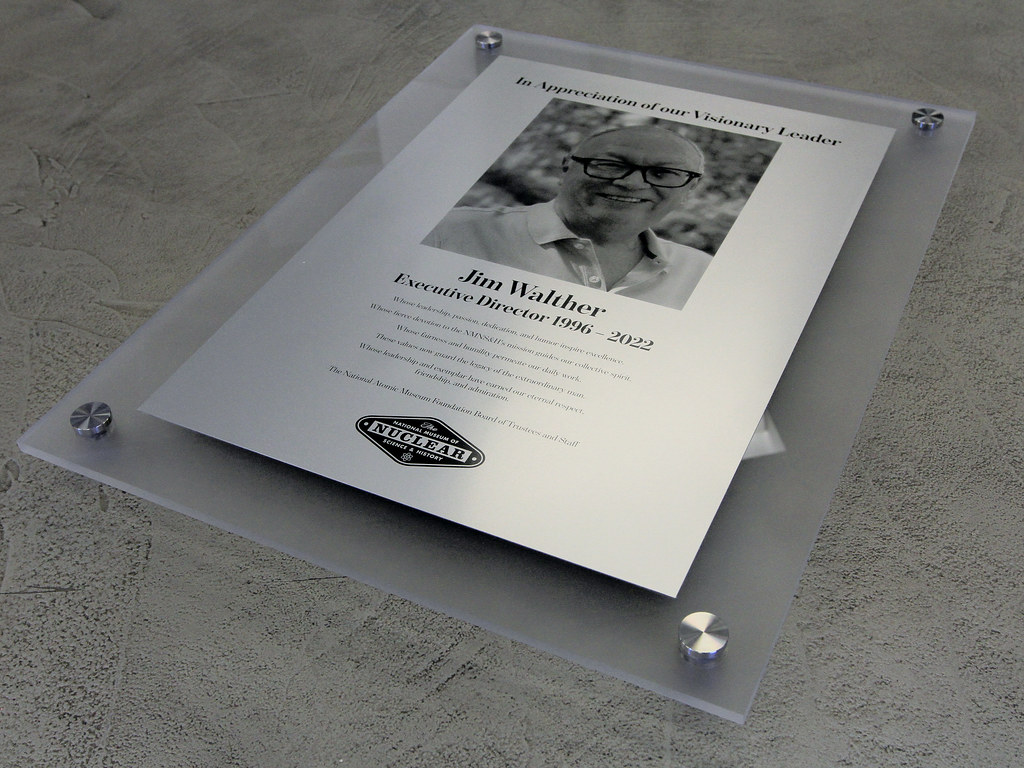 Dedication Plaque Frosted acrylic backer with metalphoto plate assembled on face