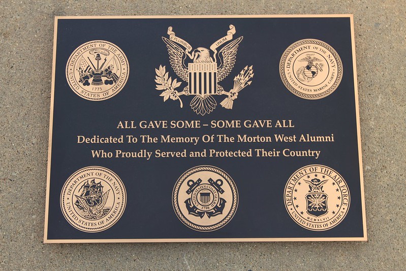 Memorial plaque dedicated to veterans from the army, marine corps, navy, coast guard, and air force